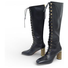 NEW DIOR ICON LACE-UP BOOTS CANNAGE HEELS 37 IT 36 FR BLACK LEATHER BOOTS Black