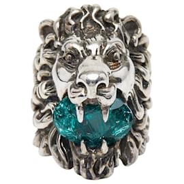 Anillo de piedra de color con cabeza de león Gucci Verde