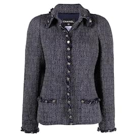 Chanel Blue Herringbone Wool Jacket - 2000s Blue