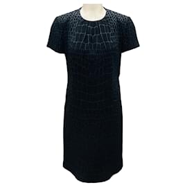 Robe fourreau en soie et laine texturée à manches courtes bleu marine / noir Yves Saint Laurent Bleu Marine