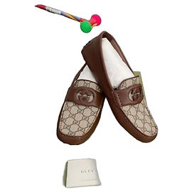 Gucci Monogram Leather Loafers Brown Other