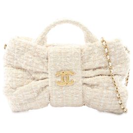 Chanel Weiß Mini CC Tweed Bogen Handtasche Weiß Roh