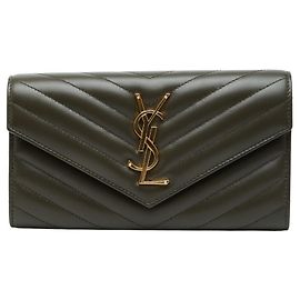 Saint Laurent Cassandra V-Stitch Long Wallet Khaki