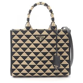 Prada TRIANGOLO JACQUARD Symbol Small Tote Bag Black Beige