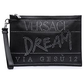 Versace Black Crystal Embellished Leather Clutch Black