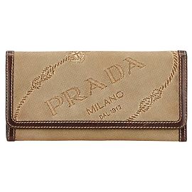 Prada Logo Jacquard Canvas Leather Long Wallet Brown