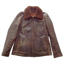Ralph Lauren Braune Lederjacke mit Pelzkragen Braun