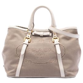 Bolsa Prada em lona Canapa marrom com logo e laço Marrom Bege