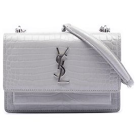 Saint Laurent Gray Mini Croc Embossed Leather Monogram Sunset Wallet on Chain Brown Grey