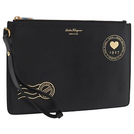 Salvatore Ferragamo Pouch Leather Black Gold Auth BA10291V Black Golden