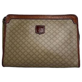 Céline Vintage Celine Paris Triomphe Monogram Leather Clutch Beige Brown Beige