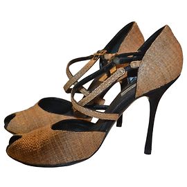 Dolce & Gabbana sandals black beige leather and straw Black Beige
