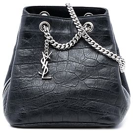 Borsa a secchiello Emmanuelle in pelle di vitello stampata coccodrillo nera Saint Laurent Nero