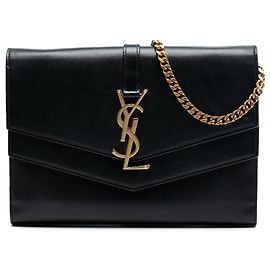 Saint Laurent Black Leather Monogram Sulpice Wallet on Chain Black
