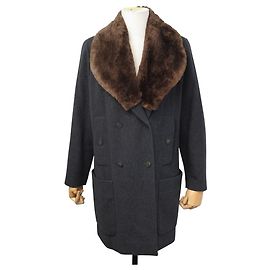 NEW CHANEL COAT DOUBLE-BREASTED M 38 RABBIT FUR CASHMERE Dark grey