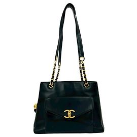 Chanel Coco Mark Lambskin Leather Chain Tote Bag Black