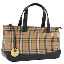 BURBERRY Nova Check Hand Bag Canvas Beige Gold Auth ep13288 Beige Golden