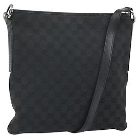GUCCI GG Canvas Shoulder Bag Black Silver 113013 Auth 170306 Black Silvery