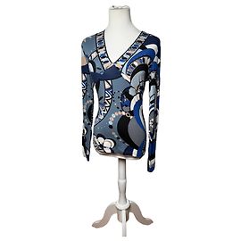 Vintage Emilio Pucci abstrakter V-Ausschnitt Viskosepullover Blau 38/M Blau