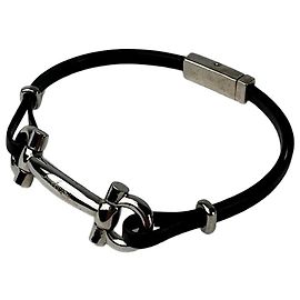 Pulseira de couro vintage Salvatore Ferragamo em aço preto e prata Preto
