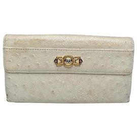 Vintage Gianni Versace Ostrich Leather Long Wallet Beige White