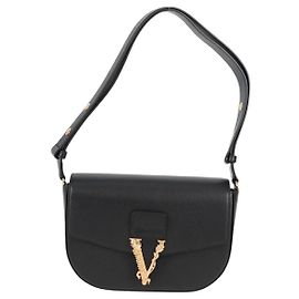 Borsa a Spalla in Pelle Virtus Flap di Versace - Piccola Nero