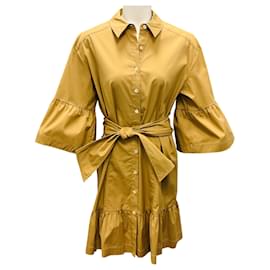 Vestido mini de popelina de algodón khaki con cintura atada y mangas acampanadas Luriane de Veronica Beard Camello