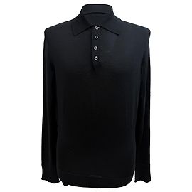 Tom Ford Strick-Polo-Pullover aus schwarzer Wolle mit langen Ärmeln Schwarz