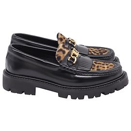 Céline Mocassins Celine Margaret à imprimé léopard en cuir noir et marron Noir