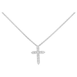 Colar Graff Cross Mini 750 Ouro Branco e Diamantes Prata