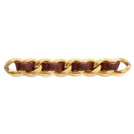 Broche de Cadeia de Couro Clássica Chanel de 1980 Dourado