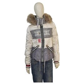 Bogner Fire + Ice Down Ski Jacket XS Cream Gray Fur Hood Belted Winter Coat Cream