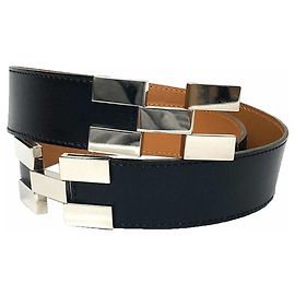 Hermès Black Leather Belt with Silver Buckle Black