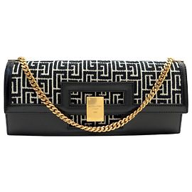 NEUF SAC A MAIN BALMAIN 1945 POCHETTE ALLONGEE TOILE JACQUARD BICOLORE BAG Noir