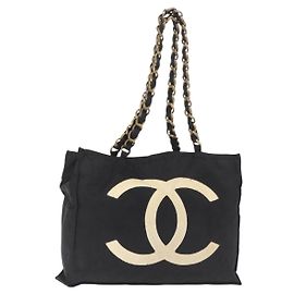 CHANEL COCO Sac Tote en Chaîne Marque Nylon Noir Or CC Auth 165069 Noir Doré