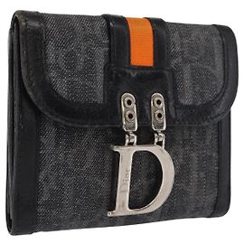 Christian Dior Trotter Canvas Trifold Wallet Black Silver Auth SW2098 Black Silvery