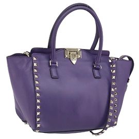 Valentino Bolsa Tote de Couro 2 em 1 Roxo Dourado Auth BA9912 Dourado Roxo
