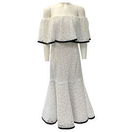 Vestido de renda guipure branco Carolina Herrera com acabamento preto Branco