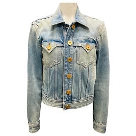 Giacca in denim azzurro chiaro Balmain con bottoni logo dorati Blu