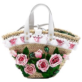 Dolce & Gabbana Brown Mini Rose Embellished Raffia Kendra Tote Brown Beige