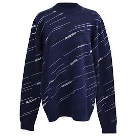 Pullover aus marineblauer Wolle mit Allover-Logo-Print von Balenciaga Blau Marineblau
