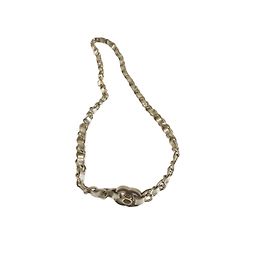 Chanel Colar CC Double Tour Couro Prateado e Corrente Dourada Prata Dourado