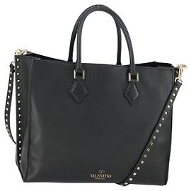 Valentino Bolsa de mão em couro 2 em 1 preta e dourada Auth BA10227 Preto Dourado