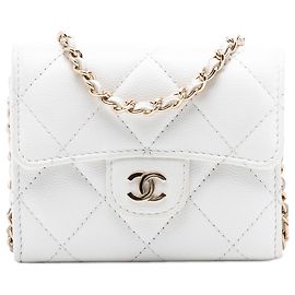 Tarjetero de caviar blanco acolchado CC de Chanel con cadena Blanco