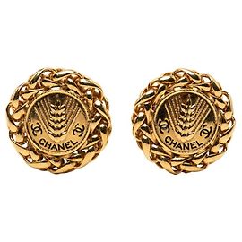 Chanel Coco Mark Wheat Motif Gold Plated Clip Earrings Golden