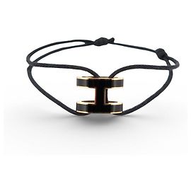 Hermès NEW HERMES POP H PENDANT BRACELET BLACK LACQUER & GOLD PLATE CORD BANGLE Black