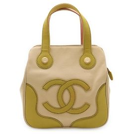 Chanel Coco Mark Canvas Tote Bag Pink Beige Green