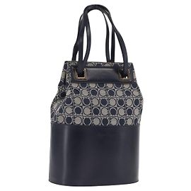 Borsa a Spalla Gancini in Tela Blu Navy e Oro Auth BA10109 di Salvatore Ferragamo D'oro Blu navy