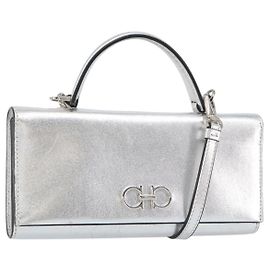 Salvatore Ferragamo Shoulder Wallet Leather 2way Silver Auth 168042 Silvery
