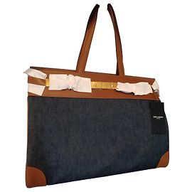 Borsa tote Saint Laurent Manhattan Marrone e Blu Scuro in Pelle Marrone Blu scuro